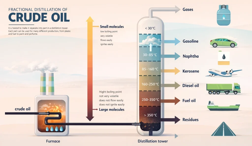 Fractional distillation process of crude oil