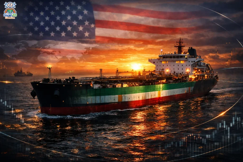 Iranian oil tanker at sea with US flag overlay representing sanctions waiver and global oil trade