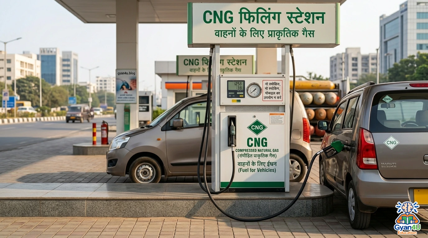 A CNG gas station showing a car refueling with Compressed Natural Gas fuel.
