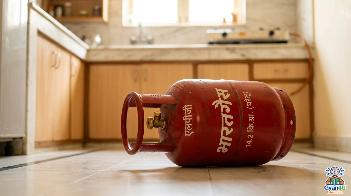A red LPG cooking gas cylinder placed in a modern domestic kitchen setting.