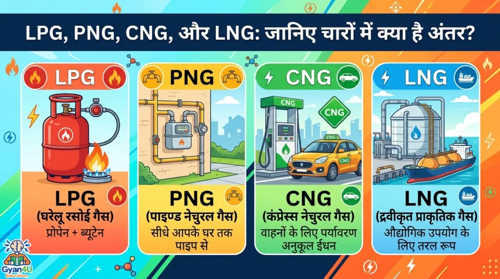Difference between LPG, PNG, CNG and LNG in Hindi infographic Gyan4u.blog