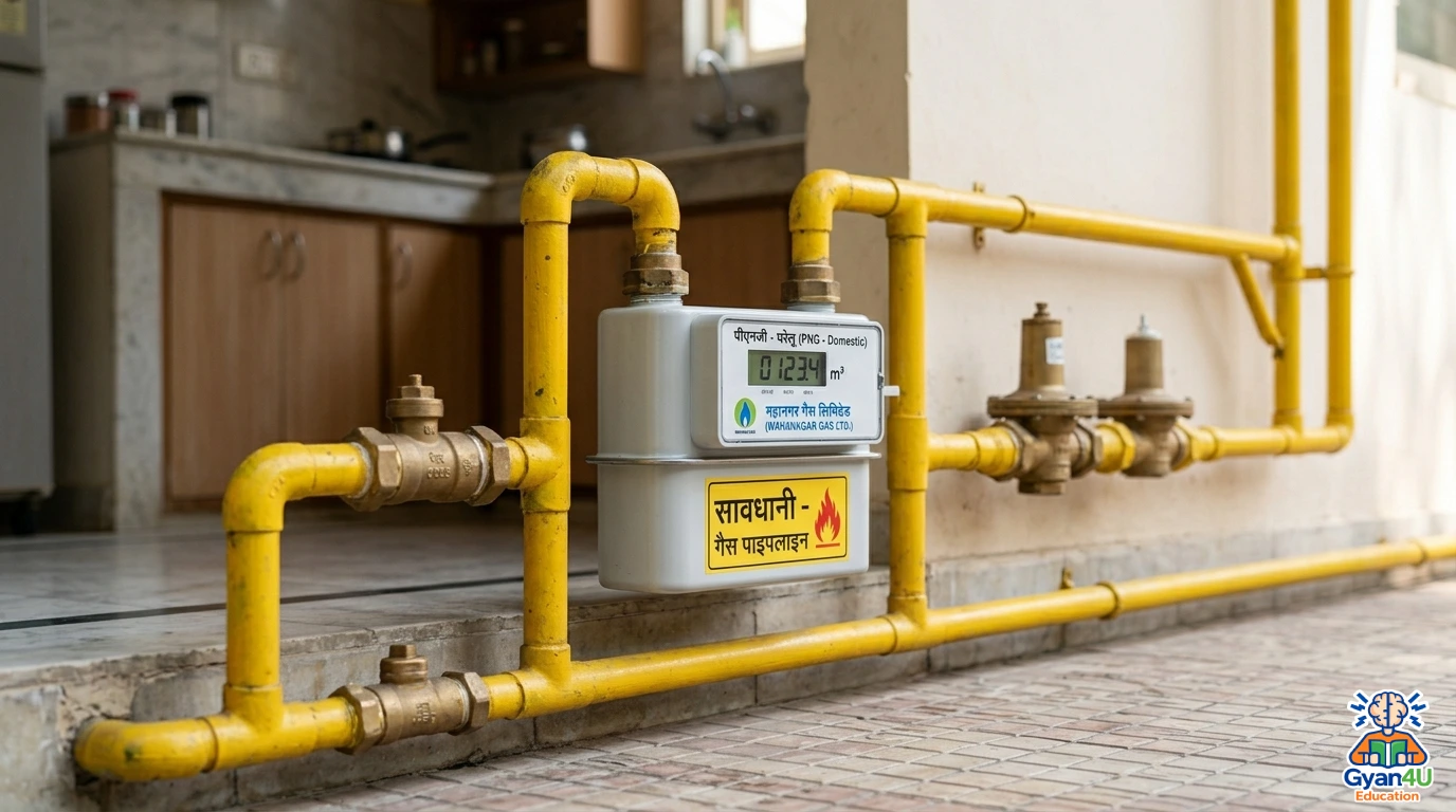 Domestic Piped Natural Gas (PNG) meter and yellow pipeline installation for home use.
