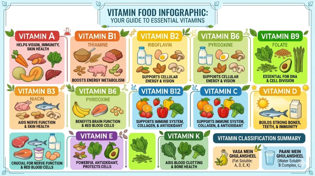 विटामिन्स के स्रोत और उनके फायदे की पूरी जानकारी (Vitamins Chart)